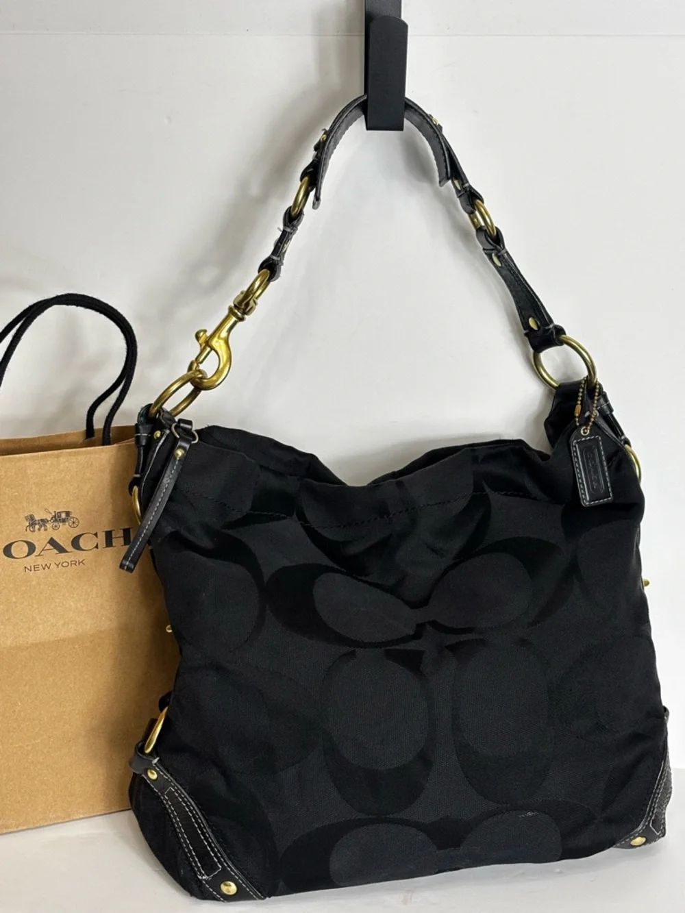 Coach Vintage Hobo Shoulder Bag in Black Canvas with Leather Straps - Picture 1 of 9